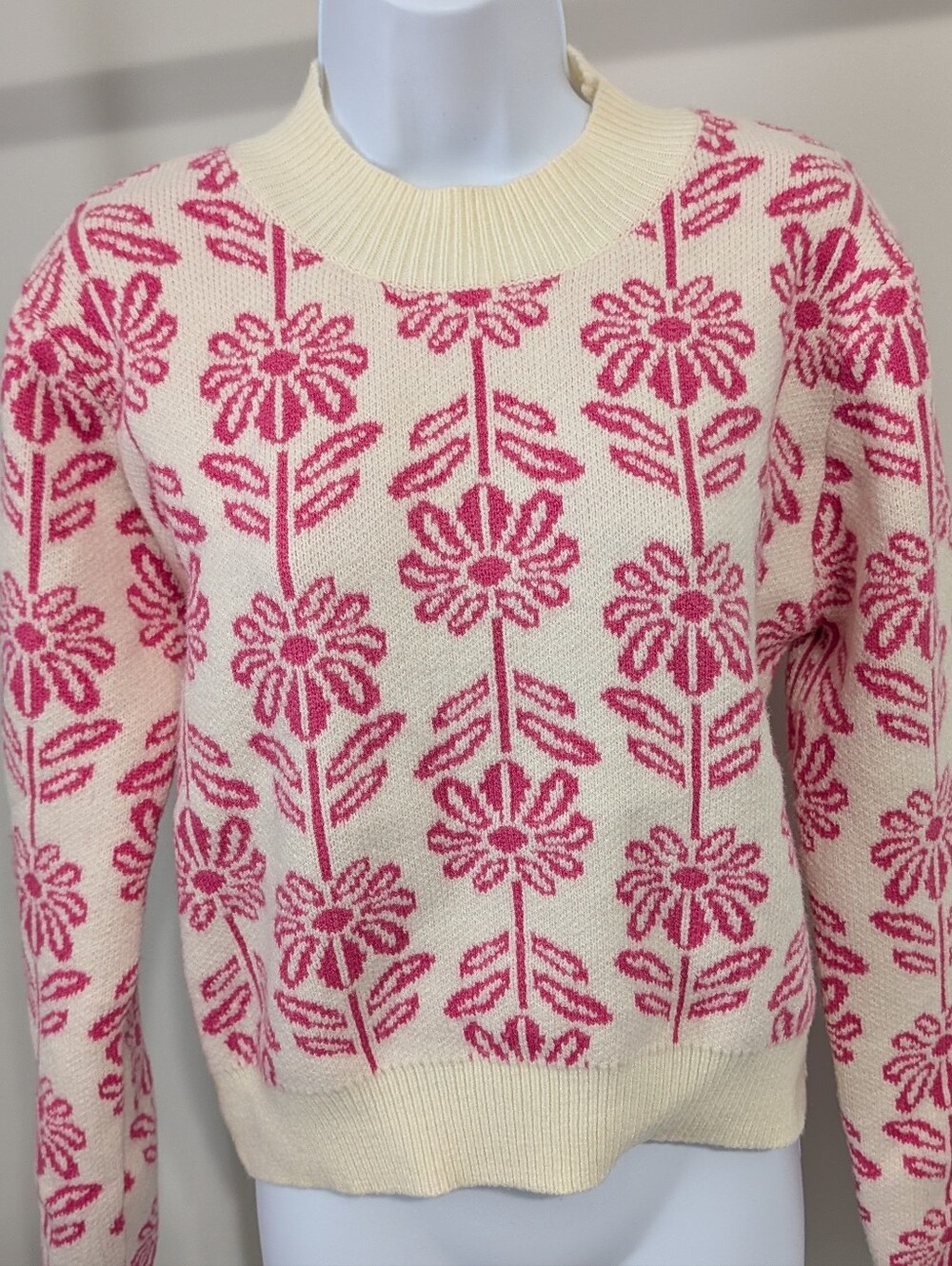 Cream Crewneck Sweater with Pink Floral Jacquard
